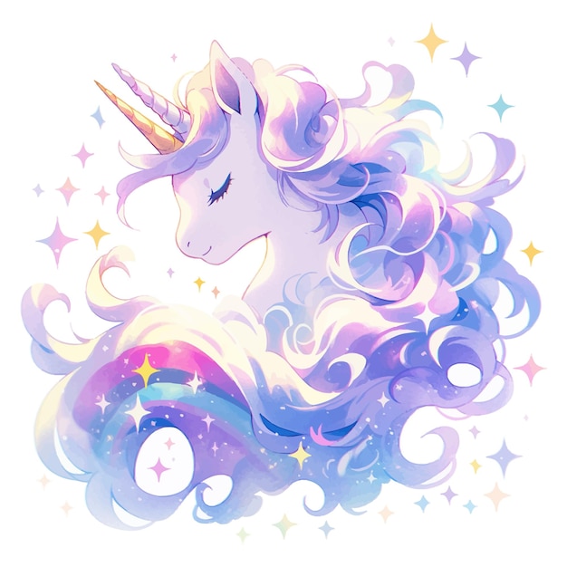 Vector un unicornio con una melena púrpura y las palabras unicornio en él