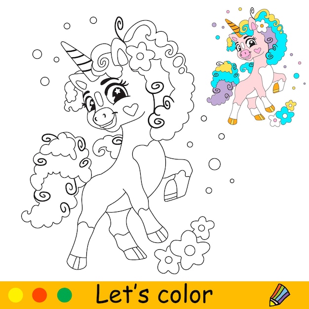 Unicornio con melena rizada páginas para colorear para niños