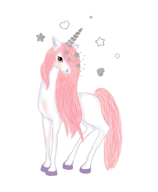 Unicornio con una melena rosa Diseño de acuarela lindo con un unicornio mágico con un cuerno de plata y estrellas