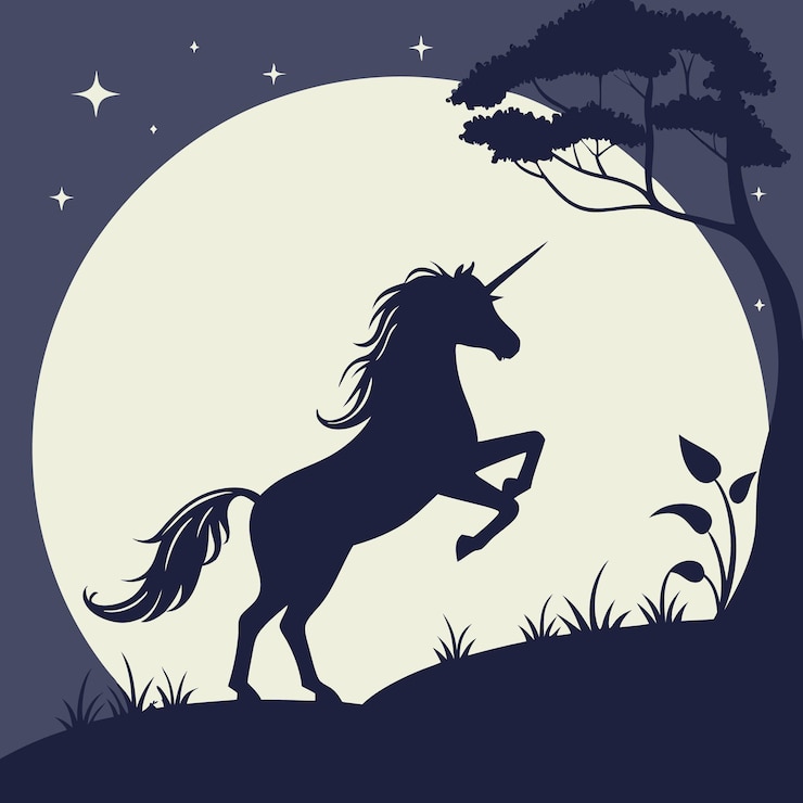 Vector el unicornio místico en la silueta del cielo nocturno