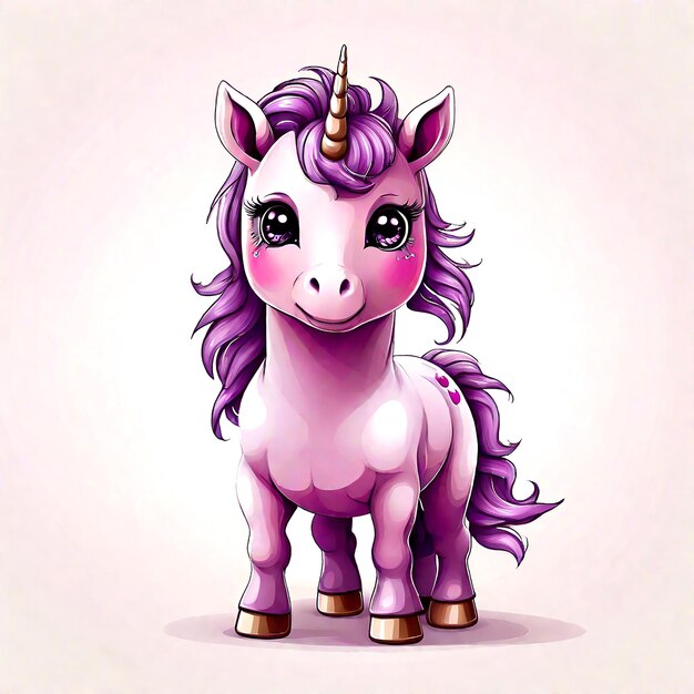 Un unicornio morado con una corona de flores en posición de pie AI_Generated