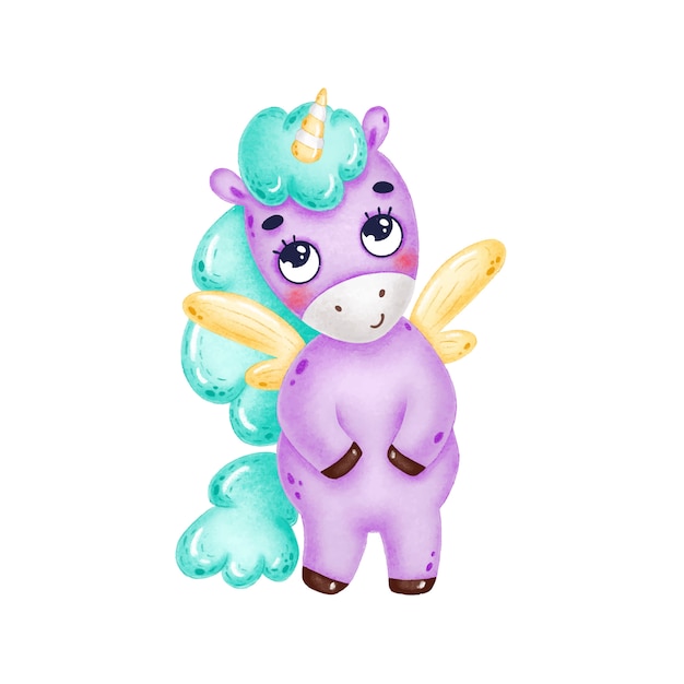 Unicornio morado de dibujos animados lindo con una melena verde y alas amarillas está de pie