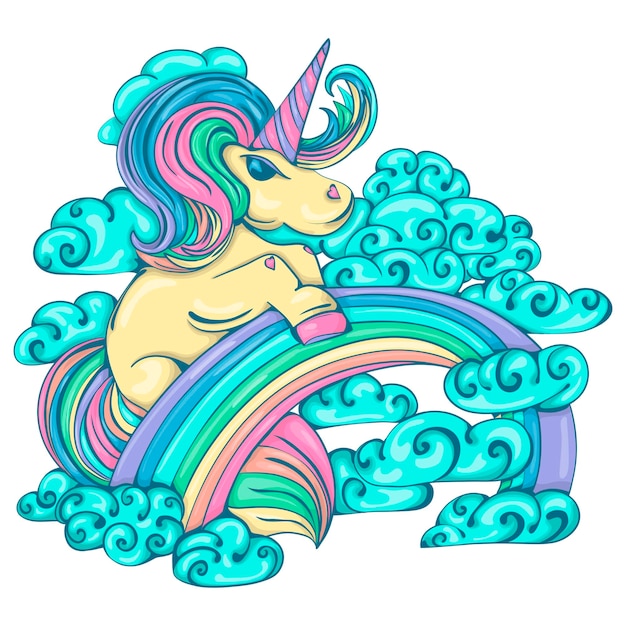 Unicornio en las nubes en el arco iris Estado de ánimo divertido Ilustración de cuento de hadas