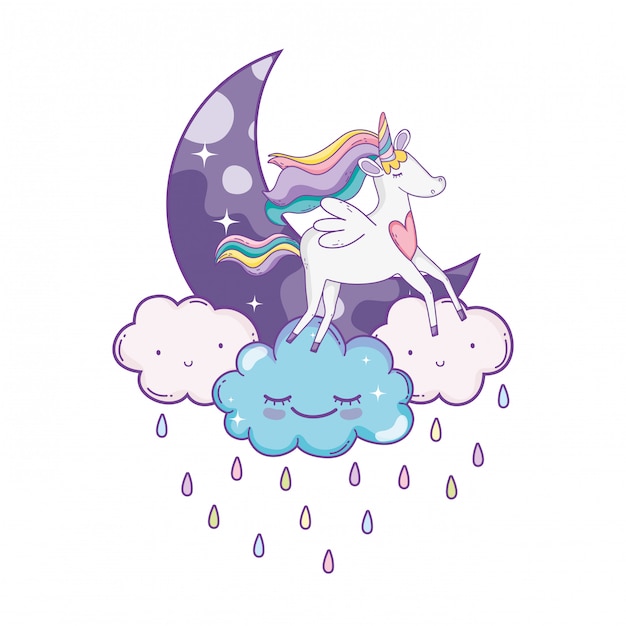 Vector unicornio en nubes lindas caricaturas