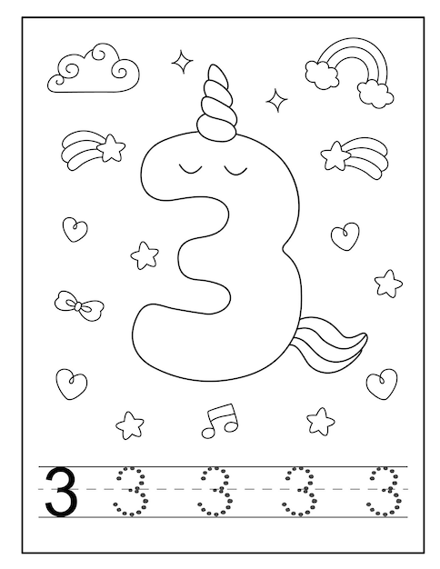 Vector unicornio número para colorear página para pequeños estudiantes