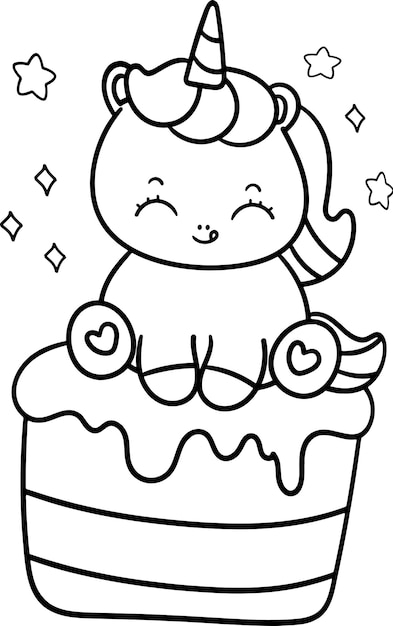 Unicornio en un pastel de cumpleaños dibujo lindo página de colorear dibujo a mano kawaii ilustración lúdica
