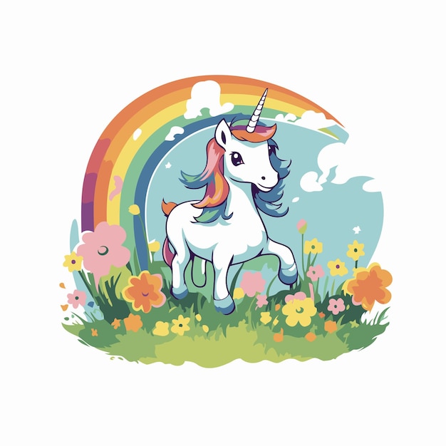 Unicornio en el prado con flores y arco iris Ilustración vectorial
