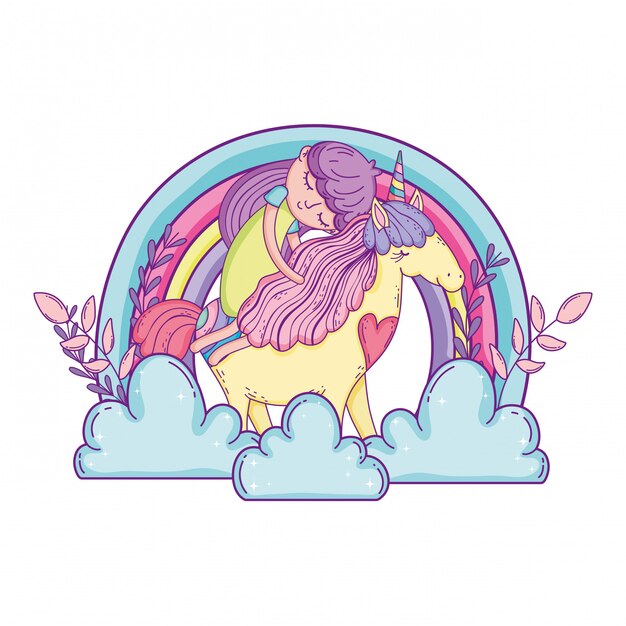 Unicornio y princesa con arcoiris en las nubes.