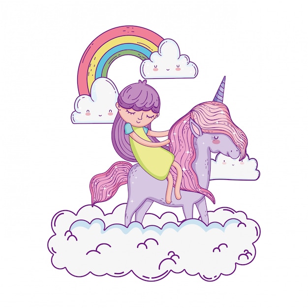 Unicornio y princesa en las nubes.