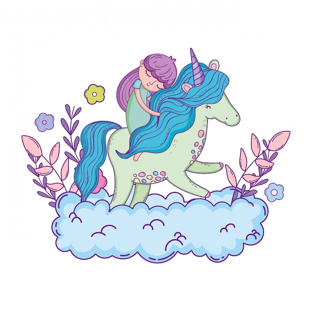 Unicornio y princesa en las nubes.