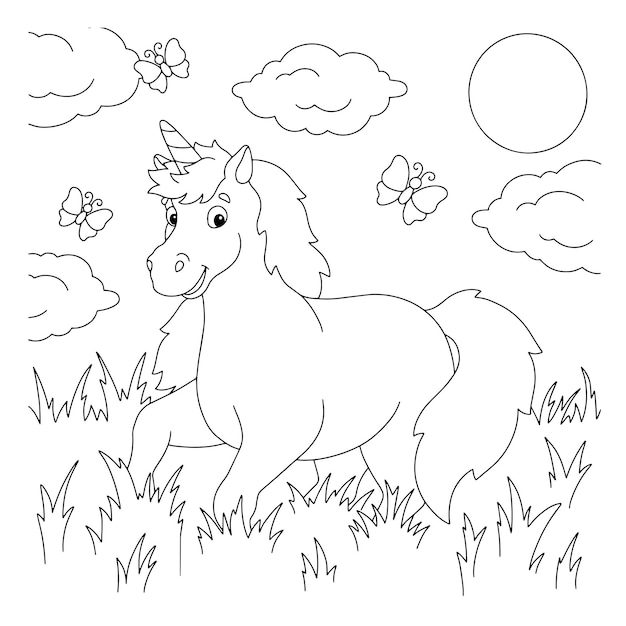 Un unicornio retozando en la hierba Página de libro para colorear para niños Personaje de estilo de dibujos animados Ilustración vectorial aislada sobre fondo blanco