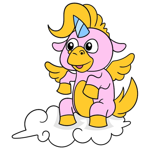 El unicornio rosa se asienta sobre una nube blanca en el cielo, arte de ilustración vectorial. imagen de icono de doodle kawaii.
