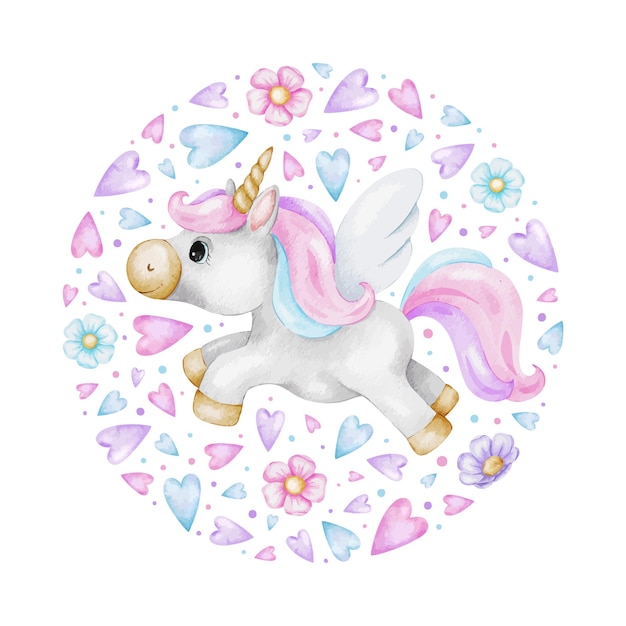 Unicornio rosa azul y púrpura flores y corazones Ilustración de acuarela dibujada a mano aislada Composición redonda con pony de cuento de hadas para niñas Ropa baby shower y posters de tarjetas de cumpleaños