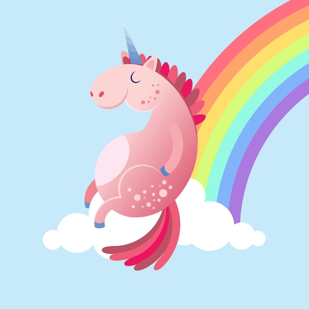 Un unicornio rosa descansa sobre una nube suave apoyada en un arco iris Estampado de bebé Ilustración de color vectorial Diseño textil Vector infantil de moda