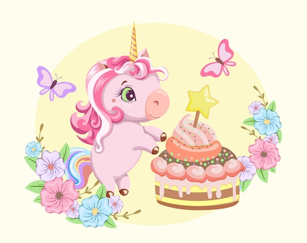 Unicornio rosa lindo de dibujos animados pintados con pastel de mariposa y marco de flores
