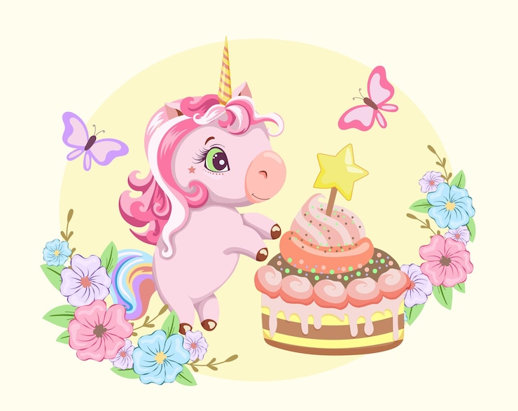 Vector unicornio rosa lindo de dibujos animados pintados con pastel de mariposa y marco de flores
