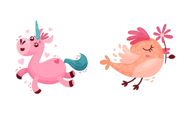 Unicornio rosado y pájaro lindo con flor en el pico como conjunto vectorial de símbolos del Día de San Valentín