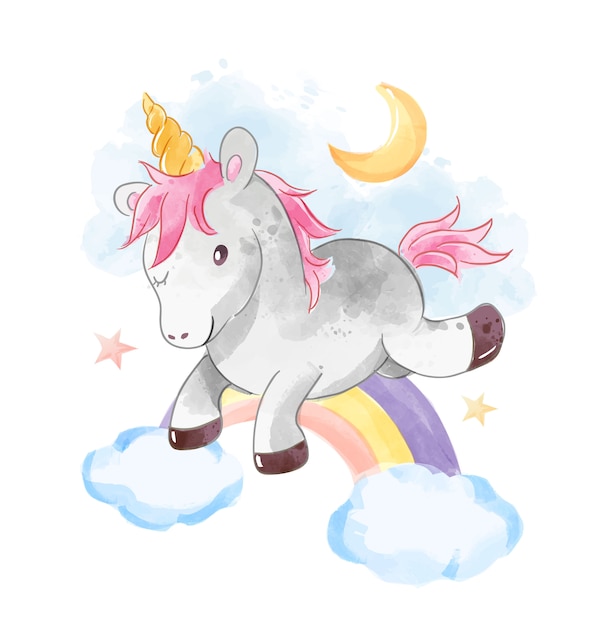 Unicornio salta sobre la ilustración del arco iris
