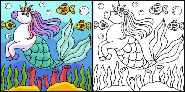 Unicornio Sirena Página Para Colorear Ilustración Coloreada