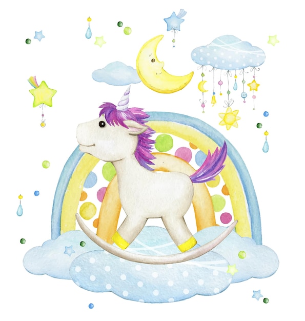 Unicornio sobre un fondo de nubes de arco iris y la luna Clipart de acuarela en estilo de dibujos animados