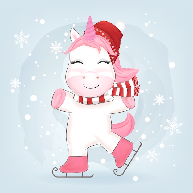 Unicornio sobre patines de hielo en invierno y Navidad ilustración.