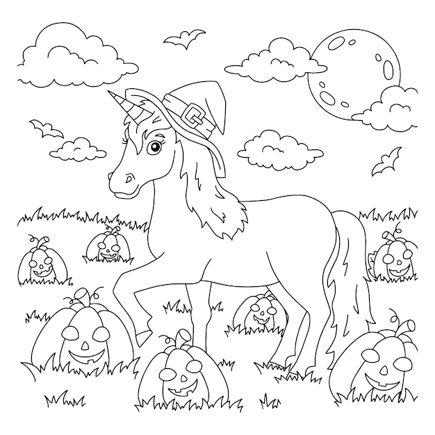 Un unicornio con sombrero camina por el campo de calabazas tema de halloween página de libro para colorear para niños