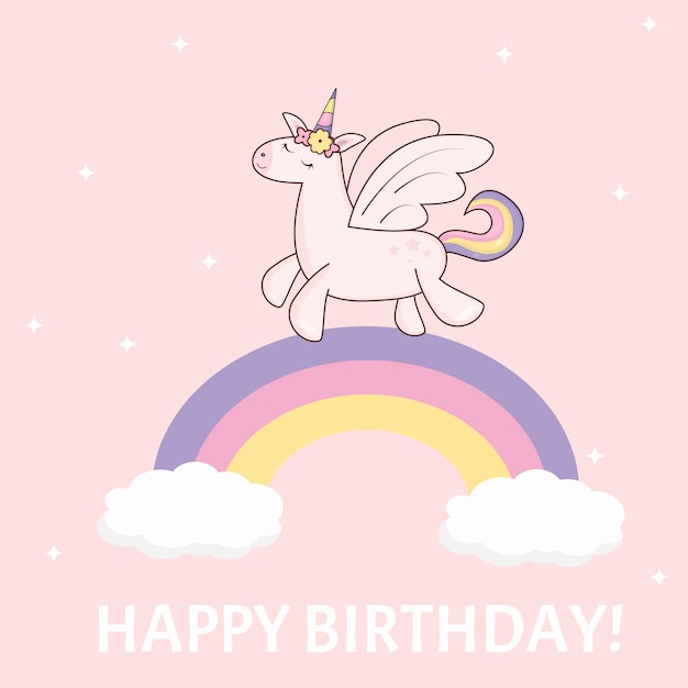 Unicornio de tarjeta de cumpleaños volando a través del arco iris