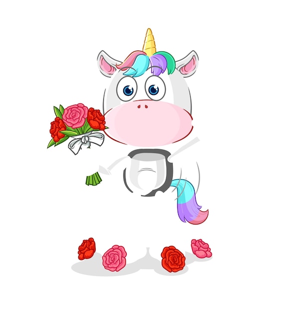 Unicornio con vector de dibujos animados de mascota de ramo