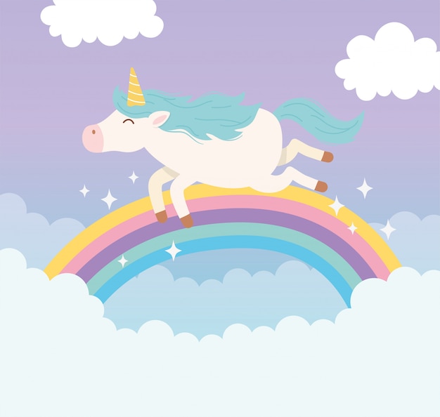 Vector unicornio volador arcoiris nubes mágico fantasía dibujos animados lindo animal