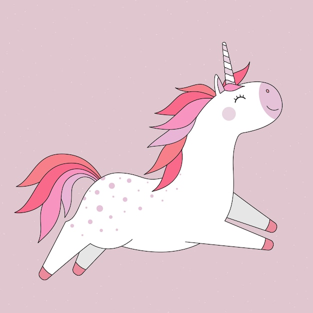 Unicornio volador blanco sobre un fondo rosa claro para estampados, carteles, portadas, textiles para niños. Ilustración de vector de estilo plano
