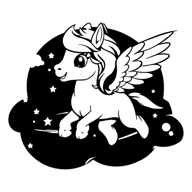 Vector unicornio volando en el cielo nocturno ilustración de dibujos animados vectorial