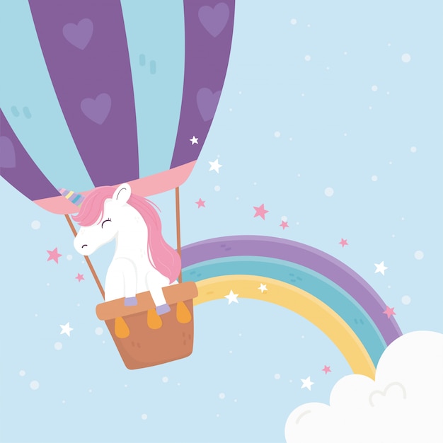 Unicornio volando globo aerostático estrellas arcoiris fantasía mágico sueño lindas dibujos animados ilustración