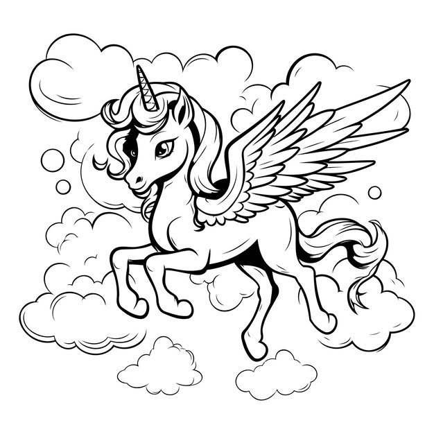 Unicornio volando en las nubes ilustración vectorial en blanco y negro