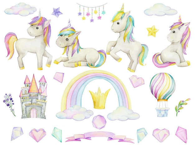 Unicornios castillo globo arco iris cristales acuarela en estilo de dibujos animados sobre un fondo aislado