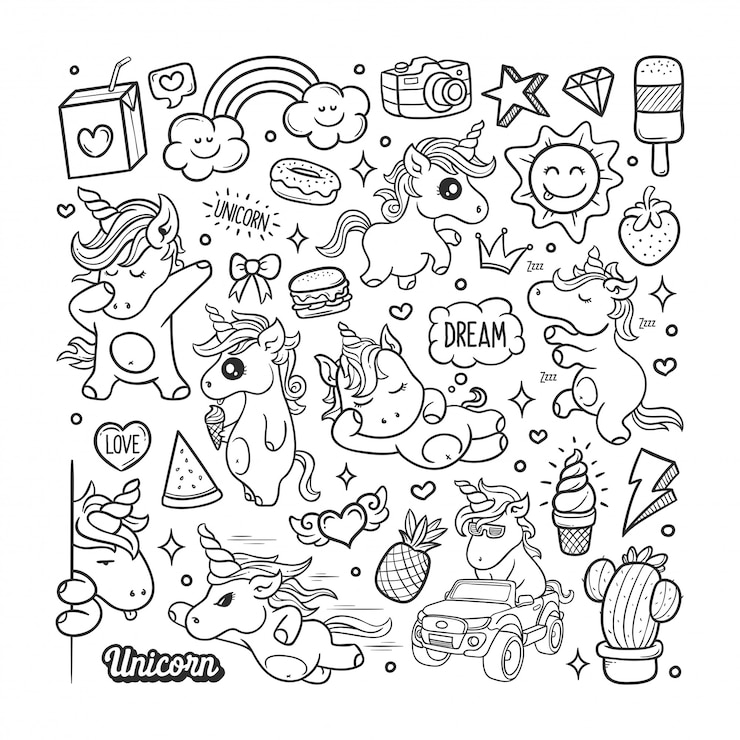 Vector unicornios dibujado a mano doodle color