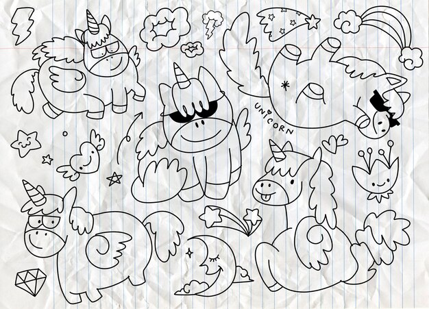 Unicornios dibujados a mano y elementos mágicos DoodlesxA