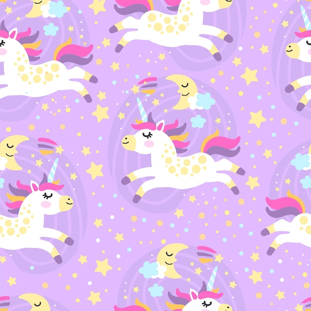 Vector unicornios con dibujos sin costuras en la ilustración vectorial del cielo estrellado