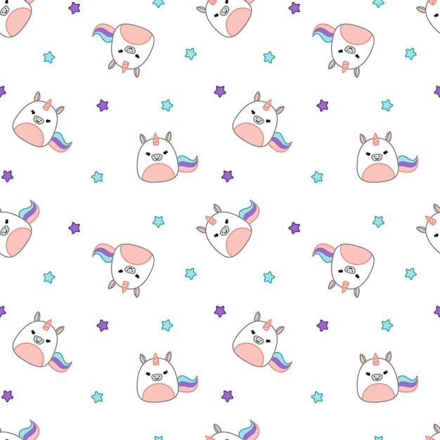Unicornios y estrellas en patrones sin fisuras Squishmallow Unicornio y estrella Kawaii Vector Ilustración vectorial aislada EPS 10