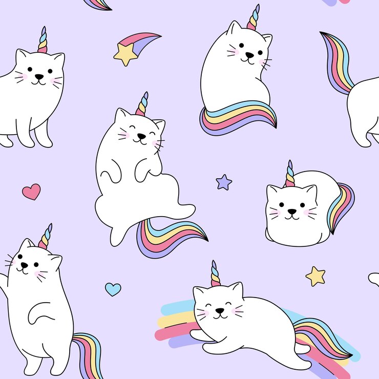 Vector los unicornios de gato, el fondo sin costuras, la magia de la fantasía, las ilustraciones de arco iris.
