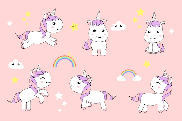 Vector unicornios lindos dibujos animados diversión feliz