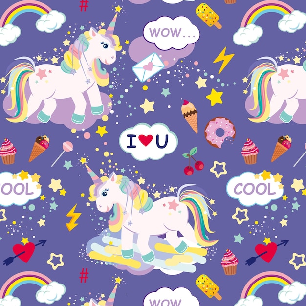 Unicornios lindos con dulces y corazones patrón sin costuras