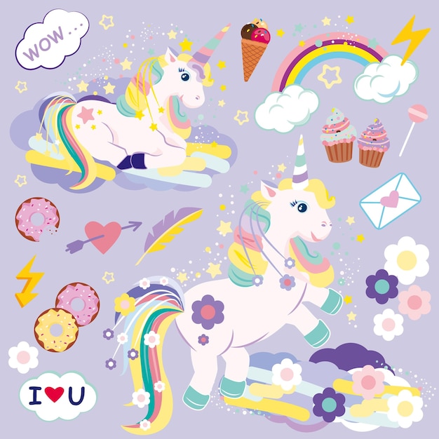 Unicornios lindos con flores de primavera dulces de helado y arco iris