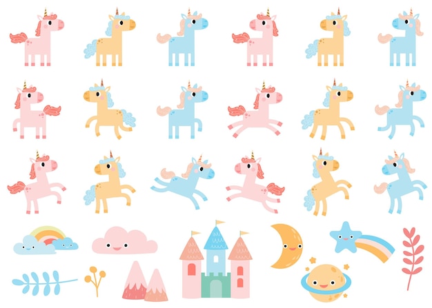 Unicornios lindos Pony o caballo con unicornios mágicos Ilustración con estrellas arco iris corazones nubes castillo al estilo de dibujos animados