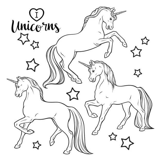 Unicornios mágicos y estrellas establecen ilustraciones vectoriales aisladas Páginas de libros para colorear para adultos y niños