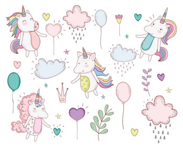 Unicornios de moda con nubes y hojas de plantas.