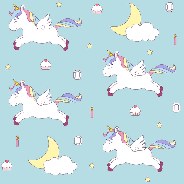 Unicornios de patrones sin fisuras con lunas, estrellas, pasteles, velas y gemas aisladas en fondo azul