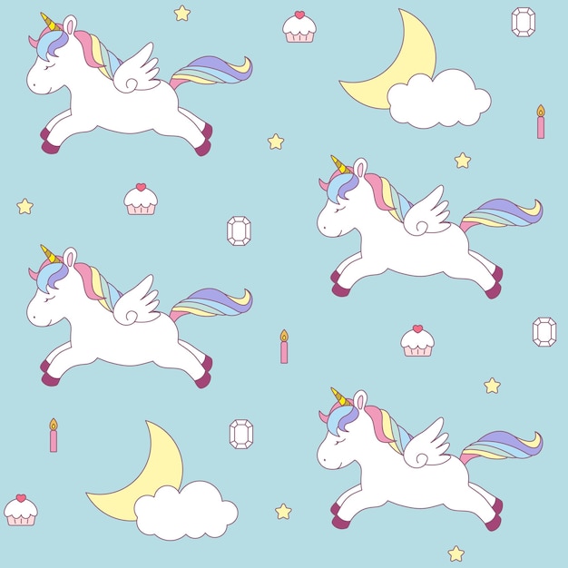 Vector unicornios de patrones sin fisuras con lunas, estrellas, pasteles, velas y gemas aisladas en fondo azul