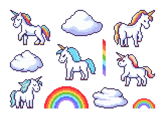 Unicornios de píxeles de fantasía y pegatinas de juego de arco iris arte de píxeles vectoriales caballo mágico o pony animales nubes y objetos de arco iris conjunto videojuego retro de 8 bits lindos personajes de unicornio con cuernos coloridos