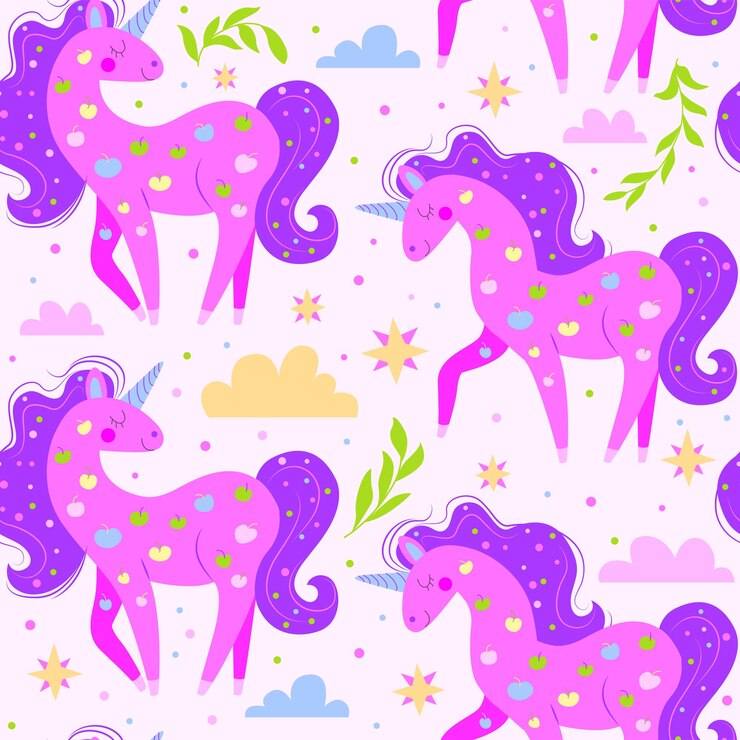 Unicornios rosados con melena morada y manzanas en el cuerpo rodeados de nubes y estrellas Patrón