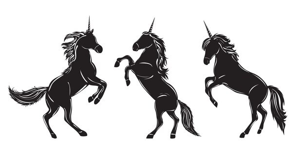 Unicornios de silueta sobre fondo blanco vector aislado